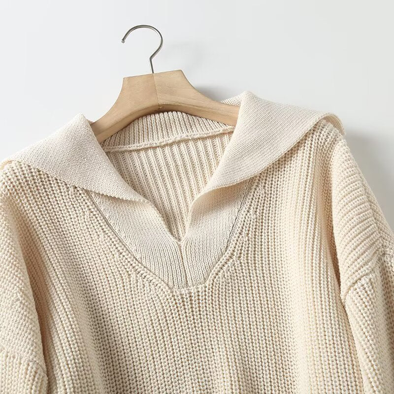 Women's new fashion loose polo collar striped knitted sweater