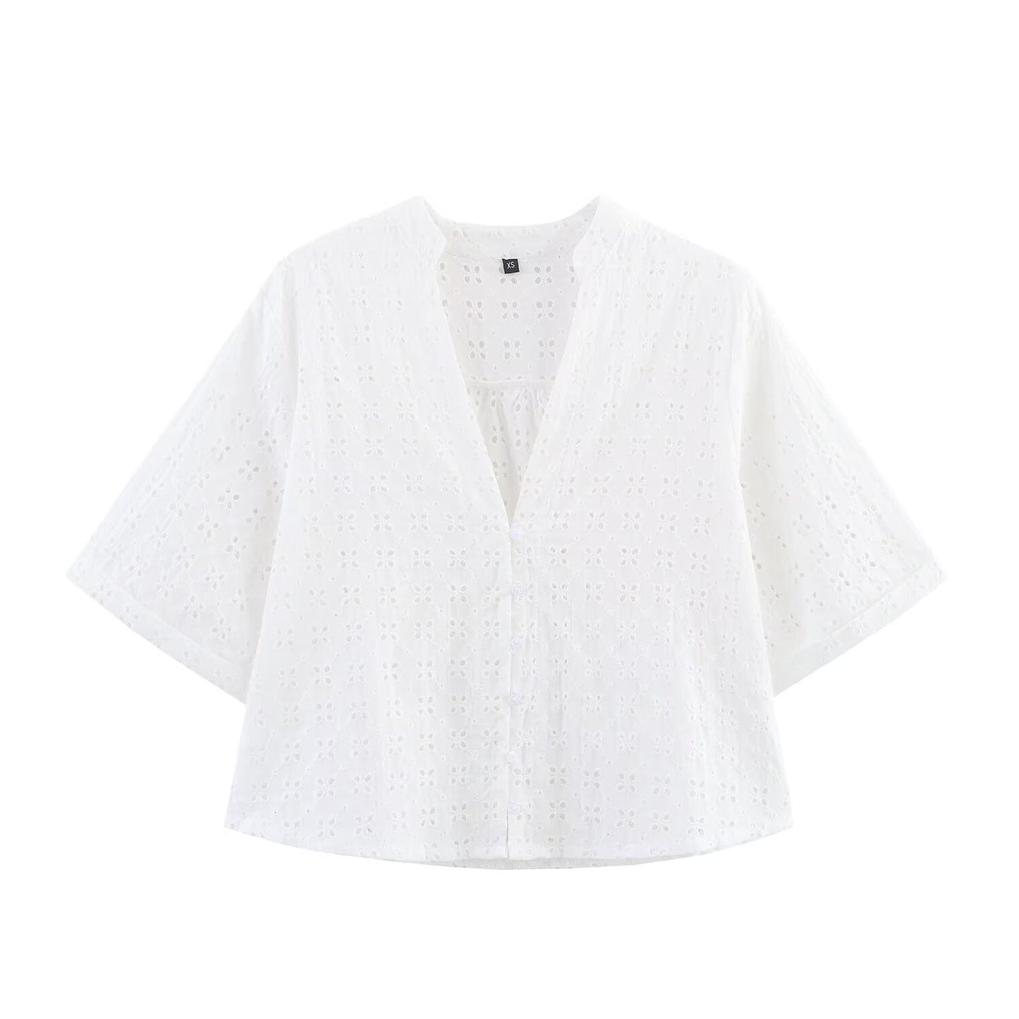 Women's new fashion short sleeved V-neck hollowed out embroidered shirt+Pants suit
