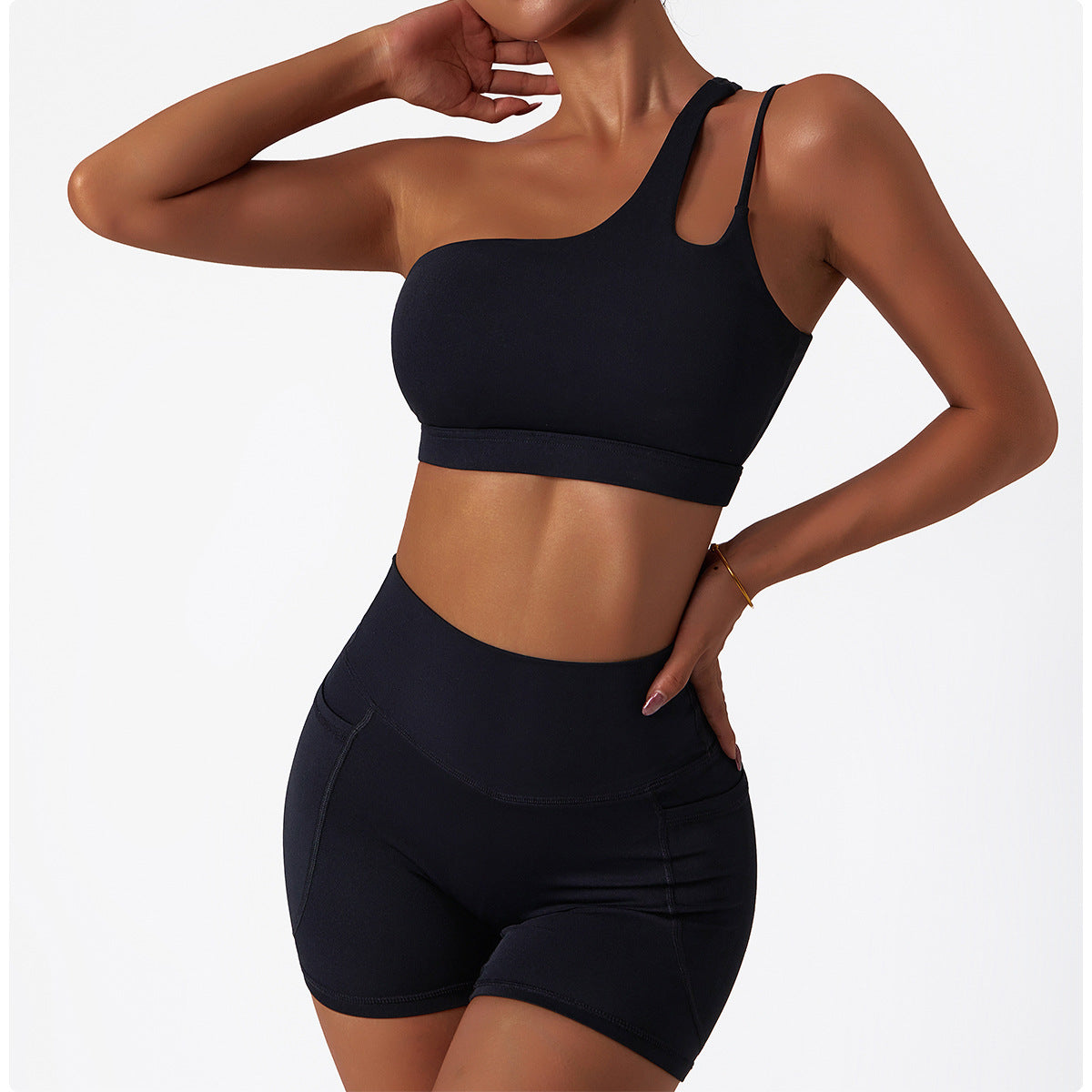 Women's new quick-drying nude sports inclined one-shoulder back yoga bra+pocket breathable fitness shorts