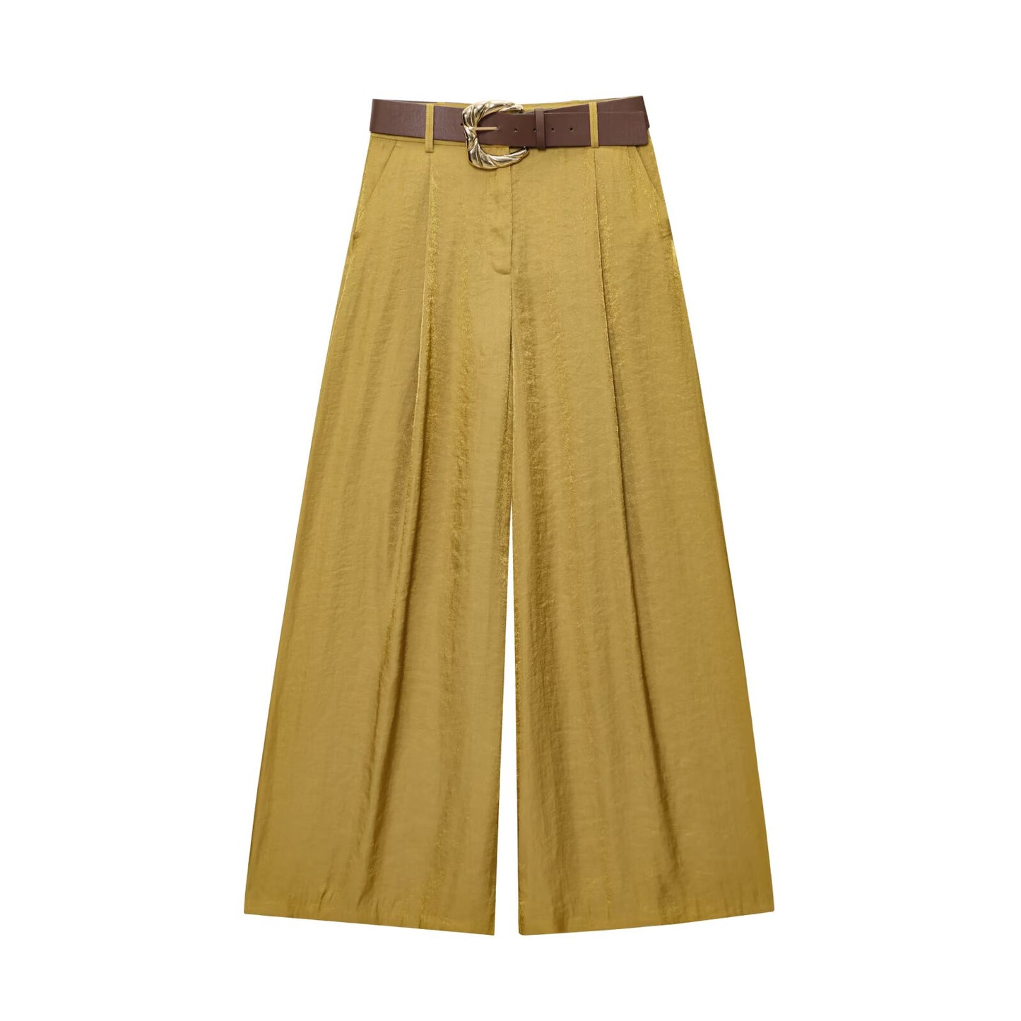 Women's chic Fashion With Belt loose satin texture wide leg pants