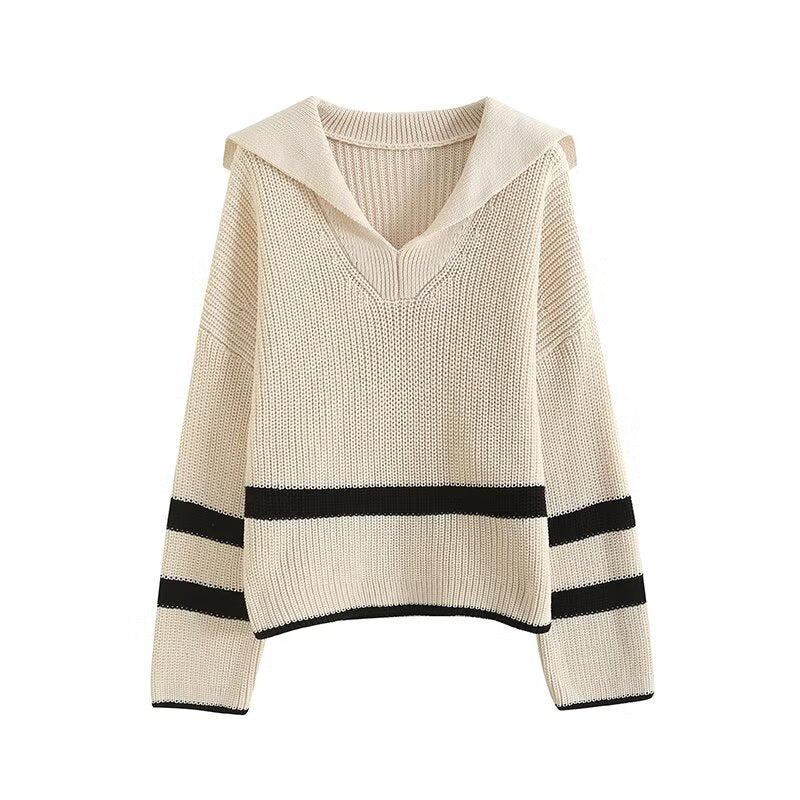 Women's new fashion loose polo collar striped knitted sweater