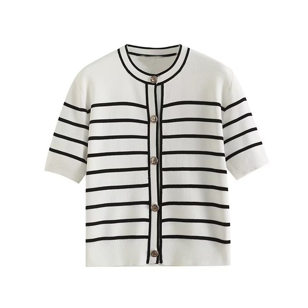 Women's autumn fashion button design short sleeved striped cardigan