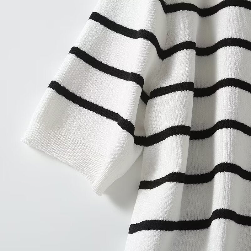 Women's autumn fashion button design short sleeved striped cardigan