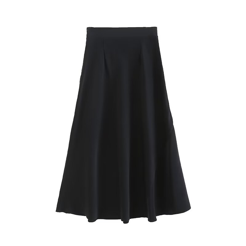 Women's new fashion slim draped satin ribbed waist midi skirt