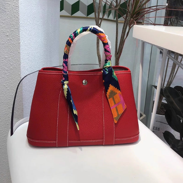 Women's New Leather Lychee Handbag Large Capacity Silk Scarf Shoulder Slung Commuter Handbag