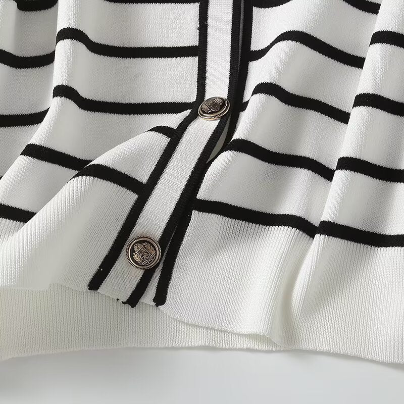 Women's autumn fashion button design short sleeved striped cardigan