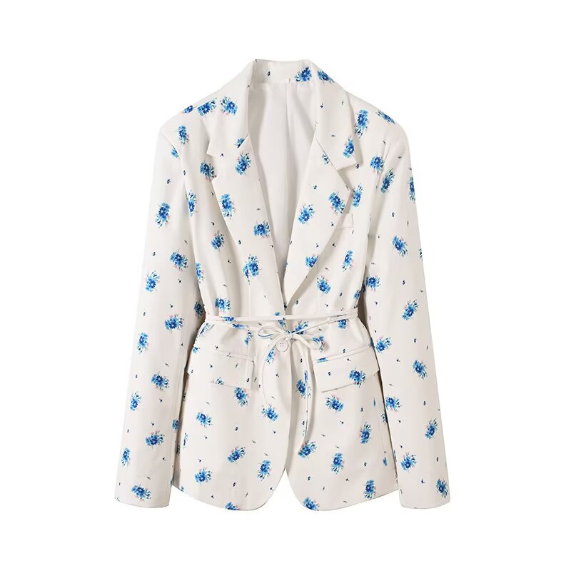 Women's new fashion with Belt loose print Button-up suit jacket