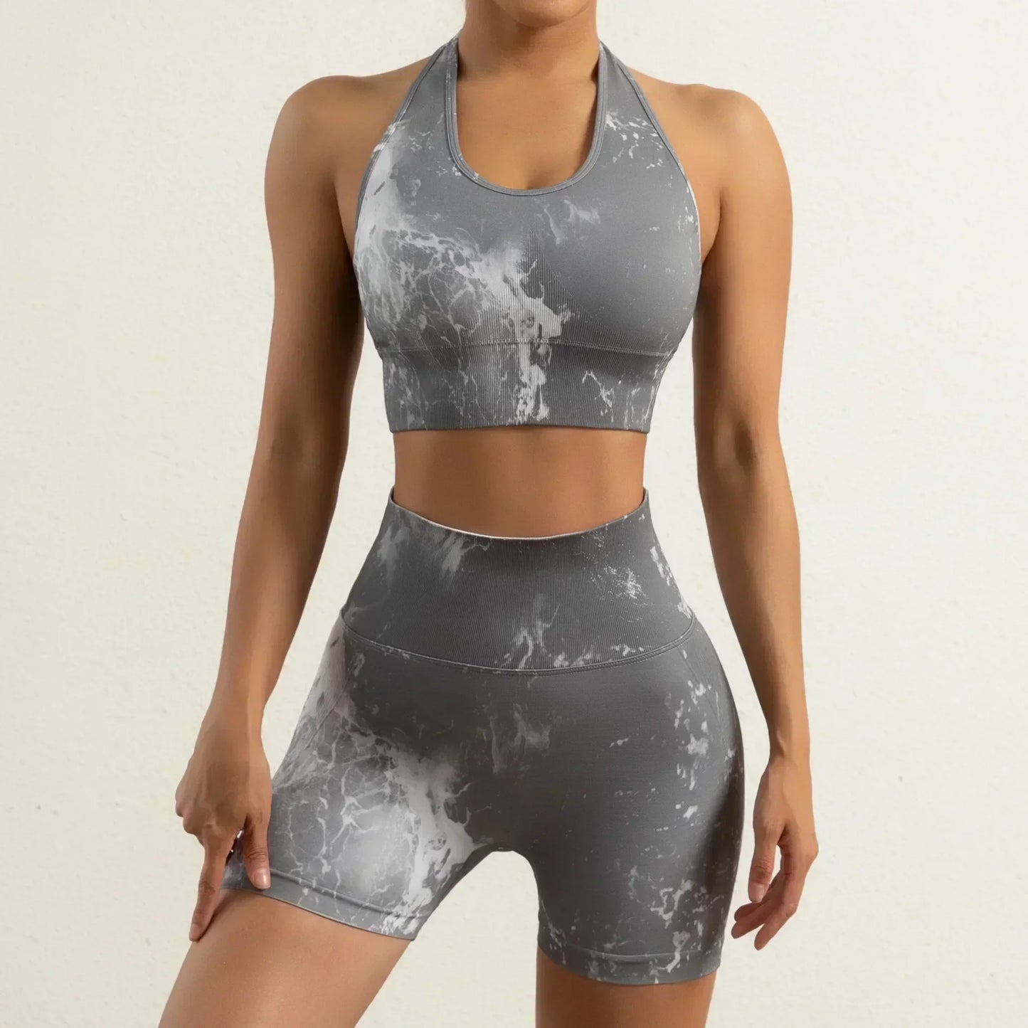 Women's New Seamless Yoga Clothes Fitness Suit High Waist Hip-lifting Fitness Pants Tie-dyed Sports Vest Running Shorts.