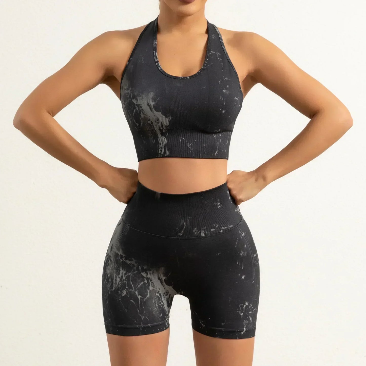 Women's New Seamless Yoga Clothes Fitness Suit High Waist Hip-lifting Fitness Pants Tie-dyed Sports Vest Running Shorts.