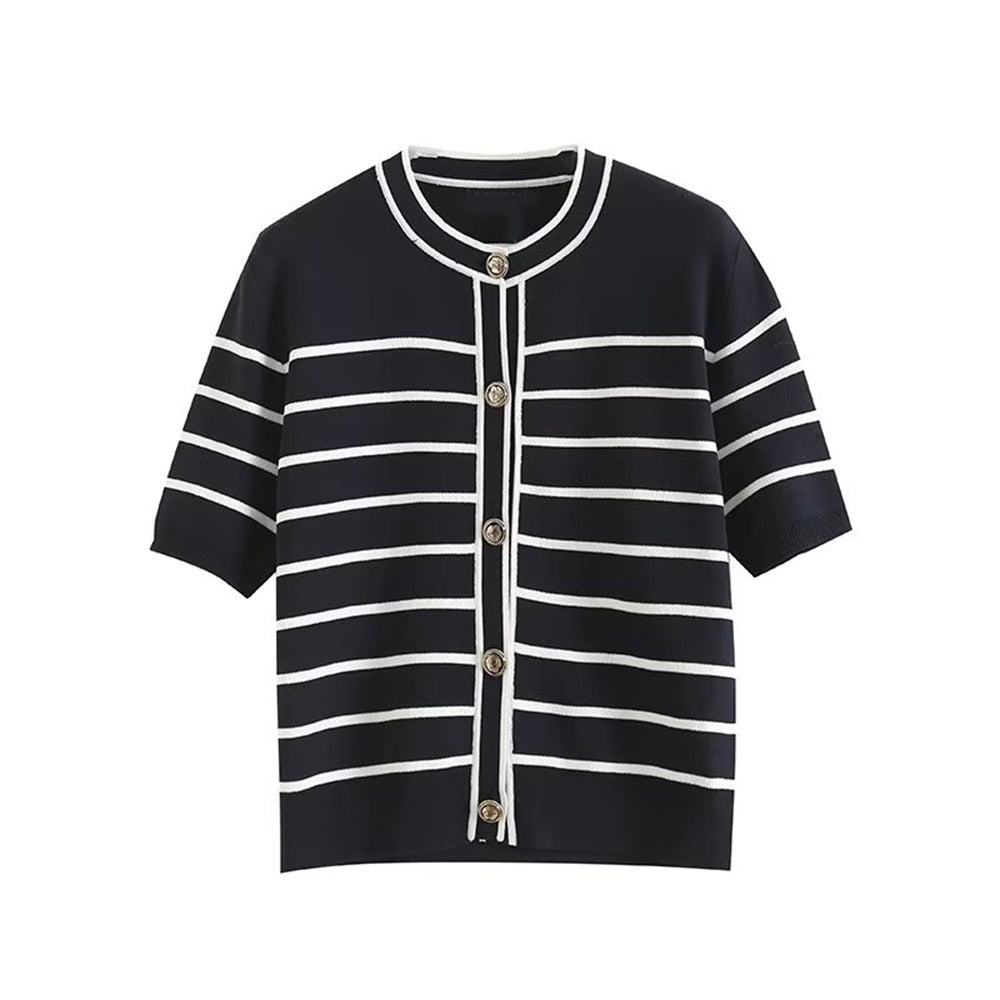 Women's autumn fashion button design short sleeved striped cardigan