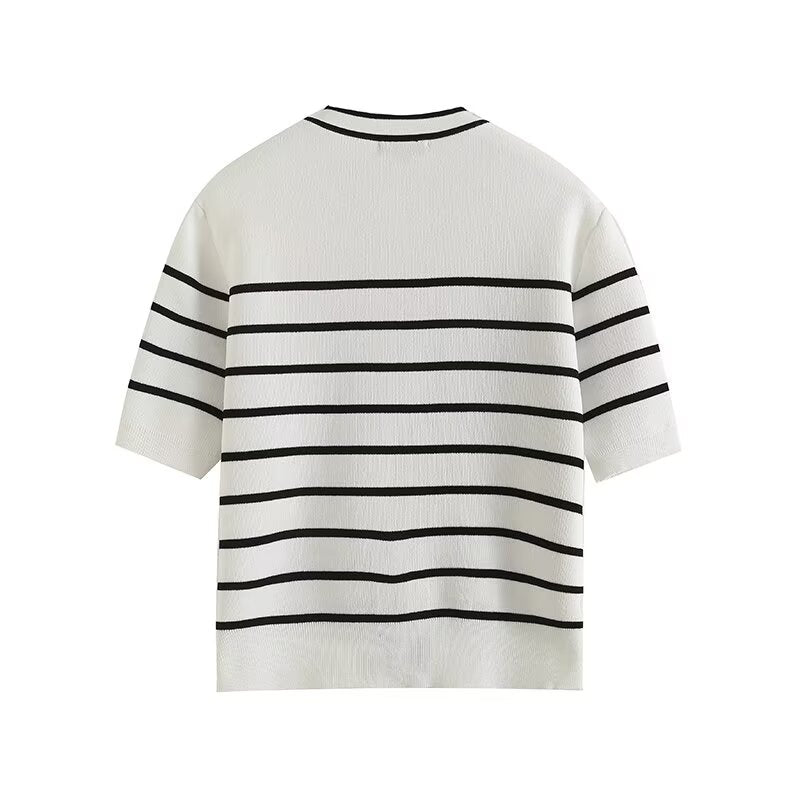 Women's autumn fashion button design short sleeved striped cardigan
