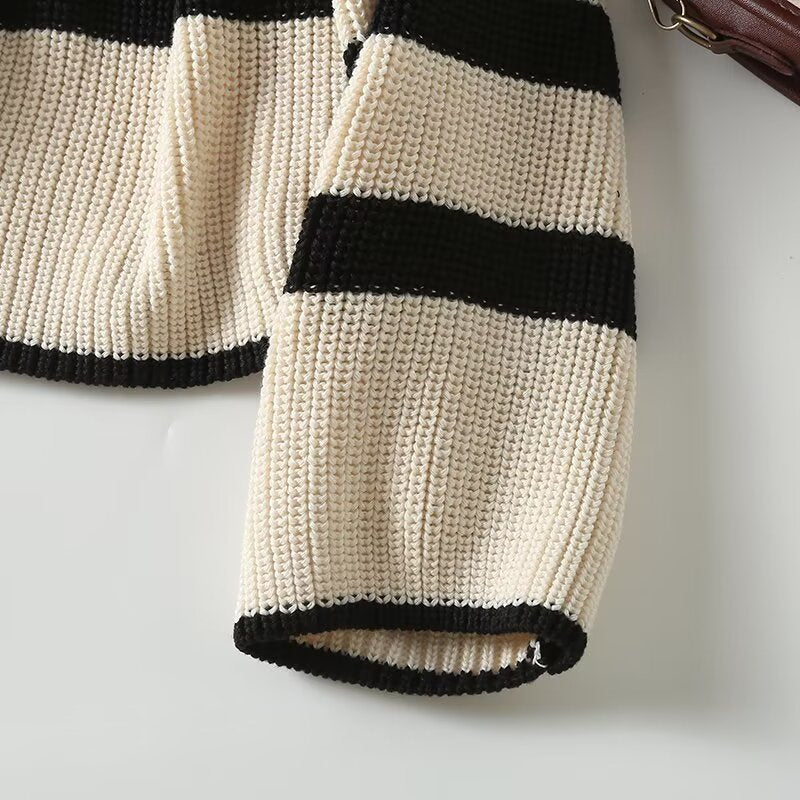 Women's new fashion loose polo collar striped knitted sweater