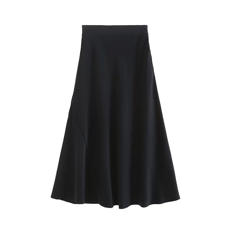 Women's new fashion slim draped satin ribbed waist midi skirt