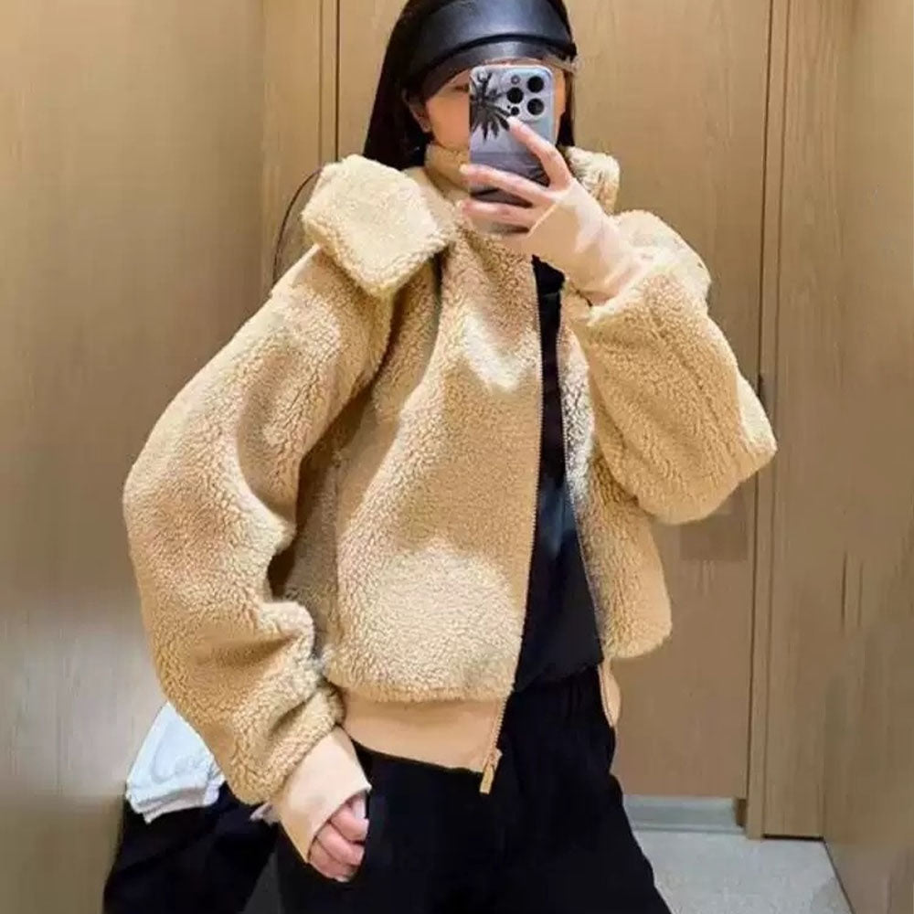 Women's new lambswool hooded short zipper coat