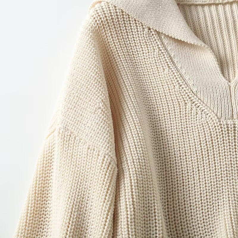 Women's new fashion loose polo collar striped knitted sweater