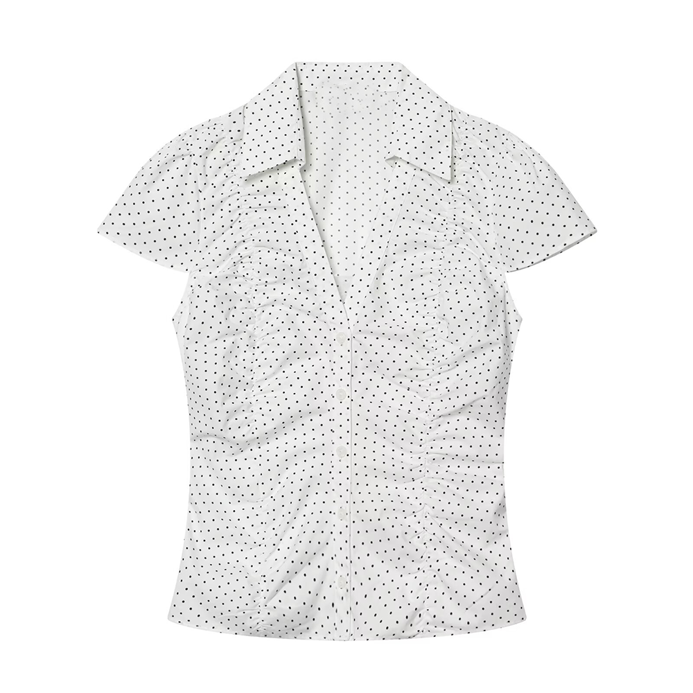 Women's pleated decorative polka dot poplin top