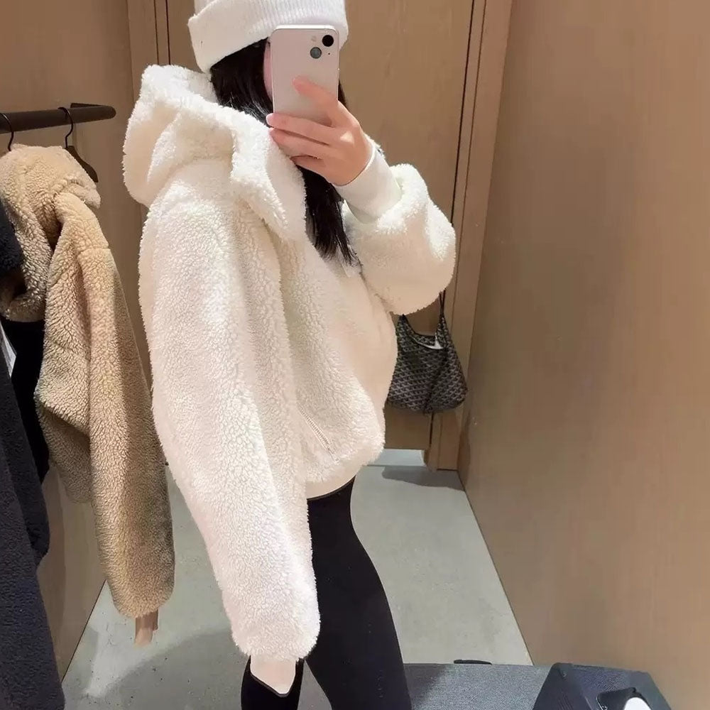 Women's new lambswool hooded short zipper coat