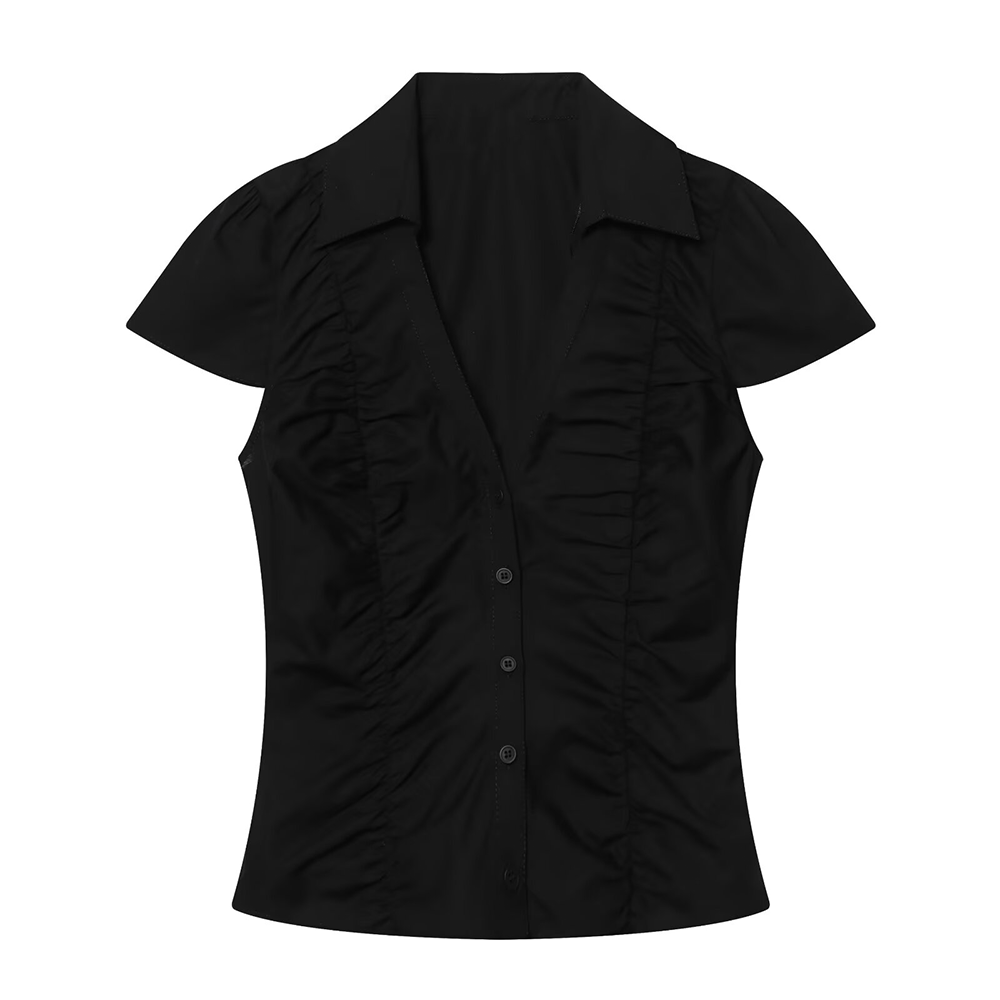 Women's pleated decorative polka dot poplin top