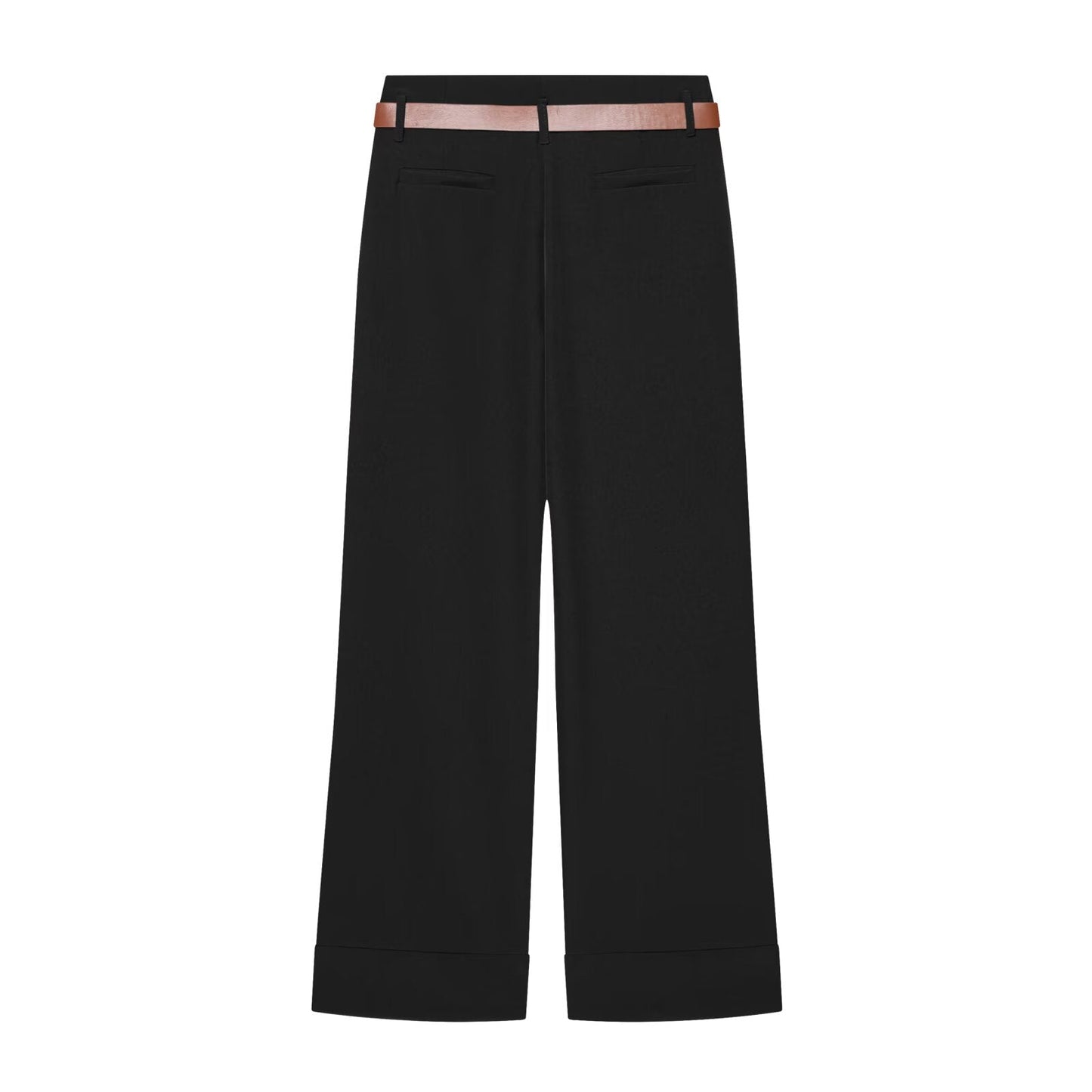 Women's casual high waisted straight leg rolled edge pants