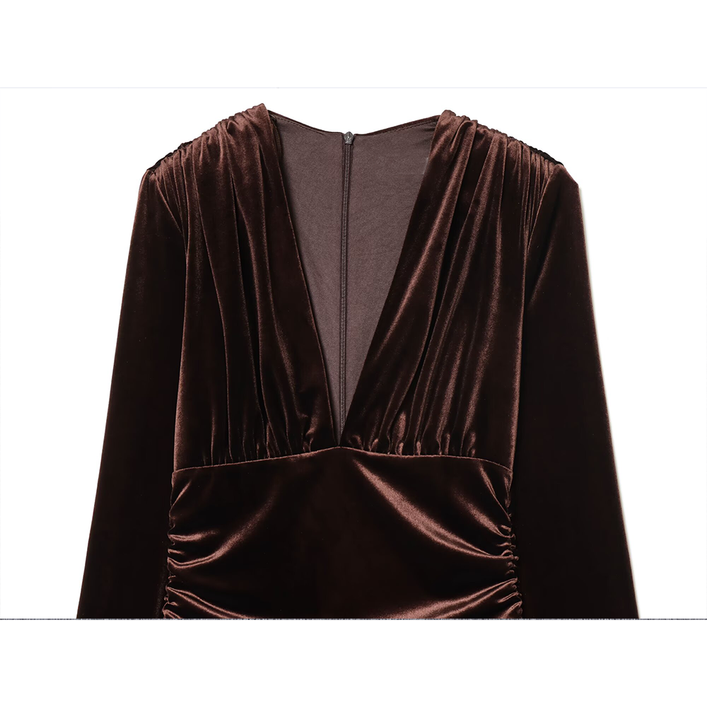 Women's slim V-neck velvet Midi dress