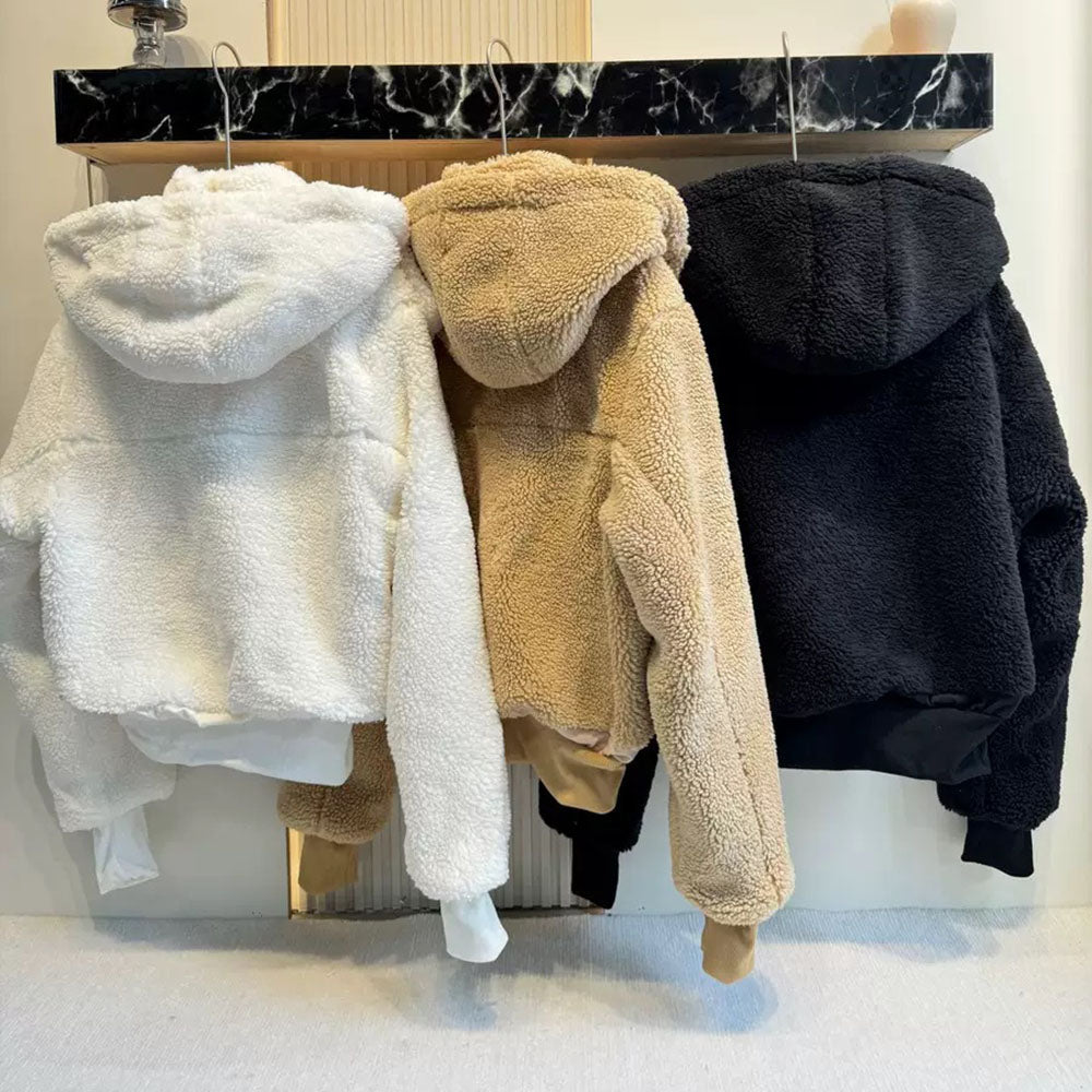 Women's new lambswool hooded short zipper coat