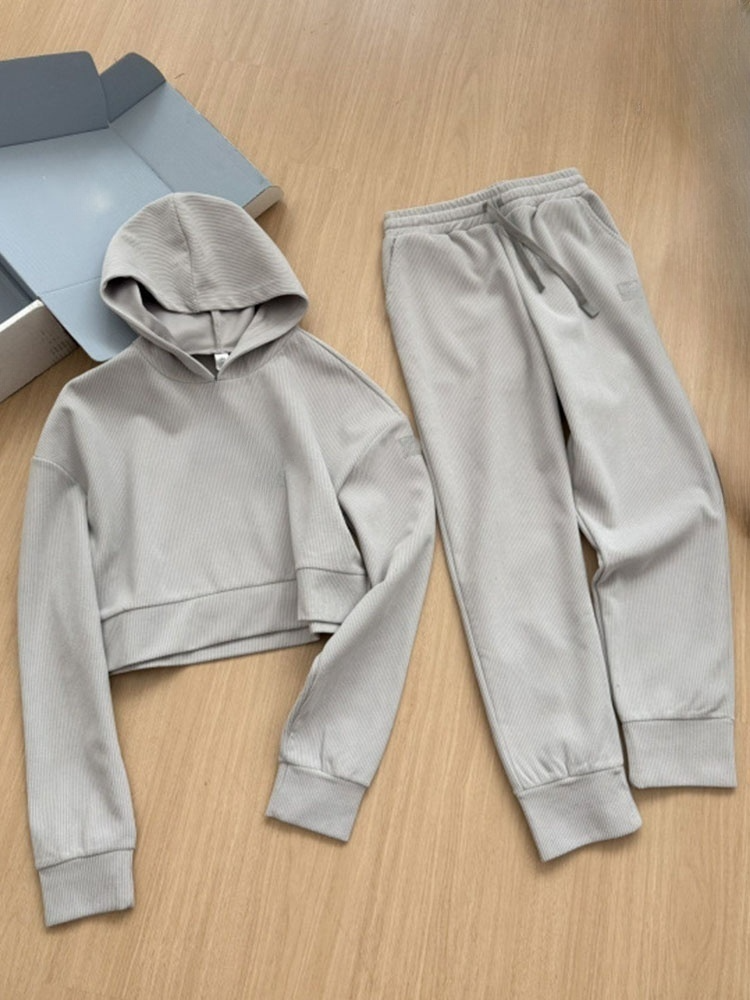 Women's new short hooded sweater+corduroy leg pants