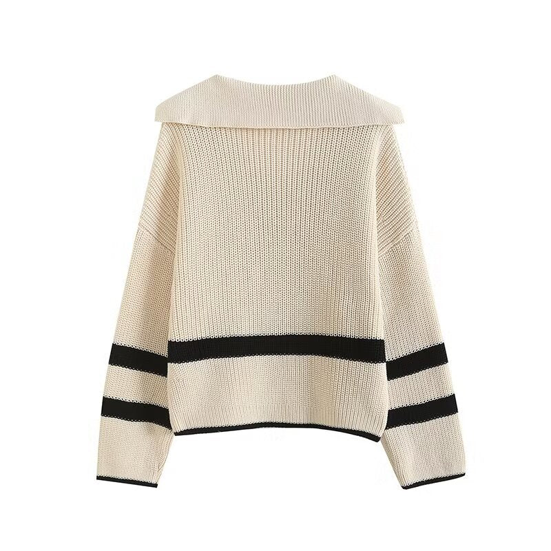 Women's new fashion loose polo collar striped knitted sweater
