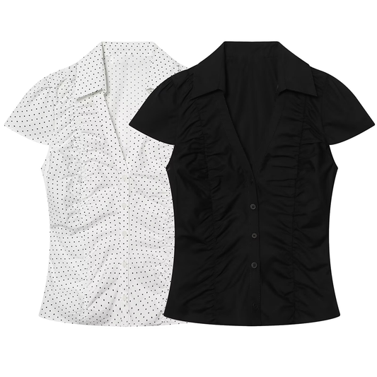 Women's pleated decorative polka dot poplin top