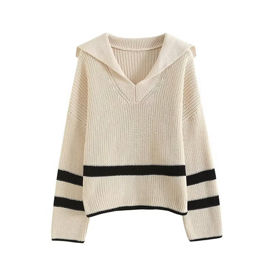 Women's new fashion loose polo collar striped knitted sweater
