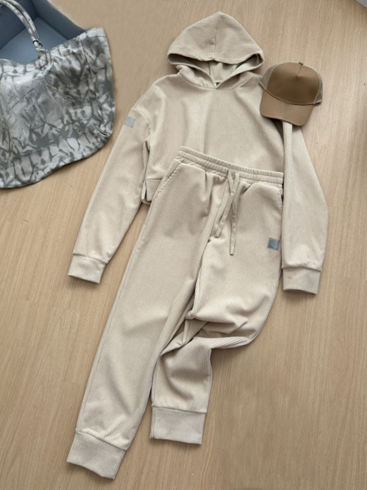 Women's new short hooded sweater+corduroy leg pants