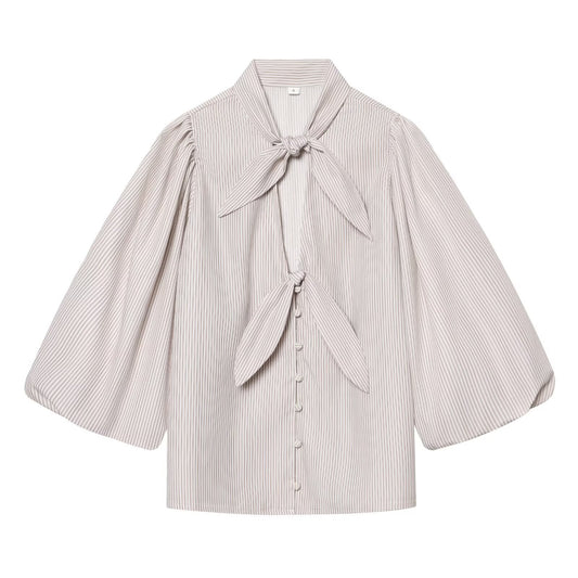 Women's bow decoration hollow striped shirt