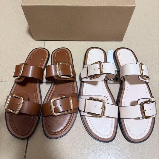 Women's New Fashion Joker Buckle with Double Strap Flat Bottom Wears Two Sandals with Thin Bottom.