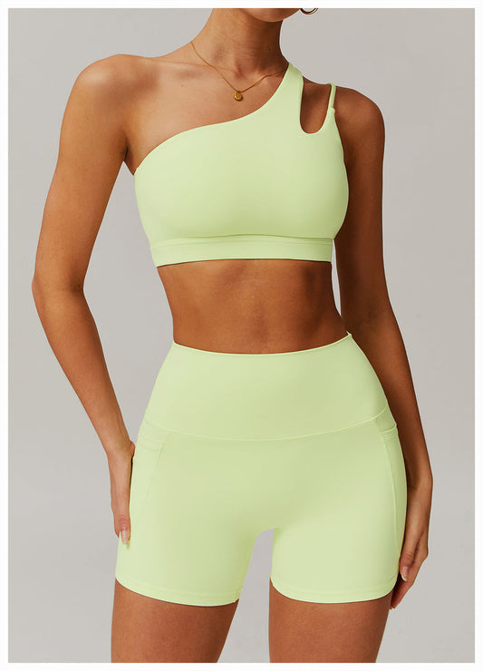 Women's new quick-drying nude sports inclined one-shoulder back yoga bra+pocket breathable fitness shorts