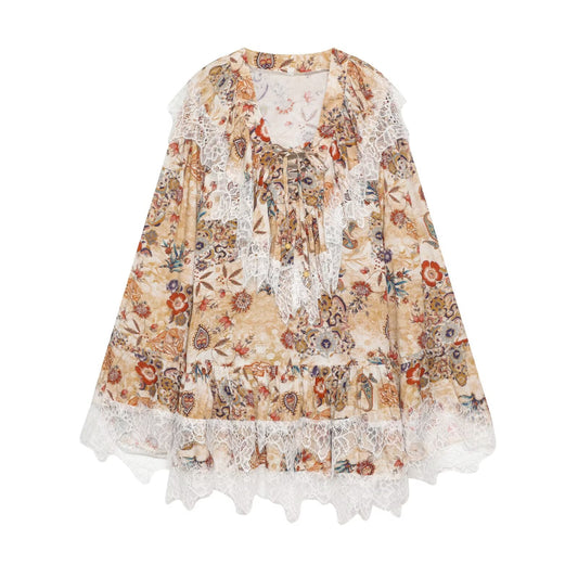 Women's lace decorative printed mini dress