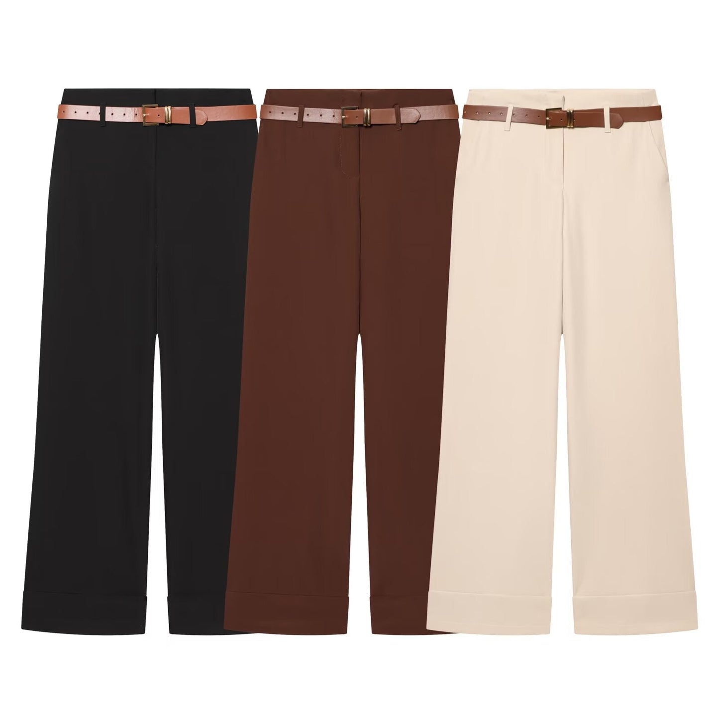 Women's casual high waisted straight leg rolled edge pants