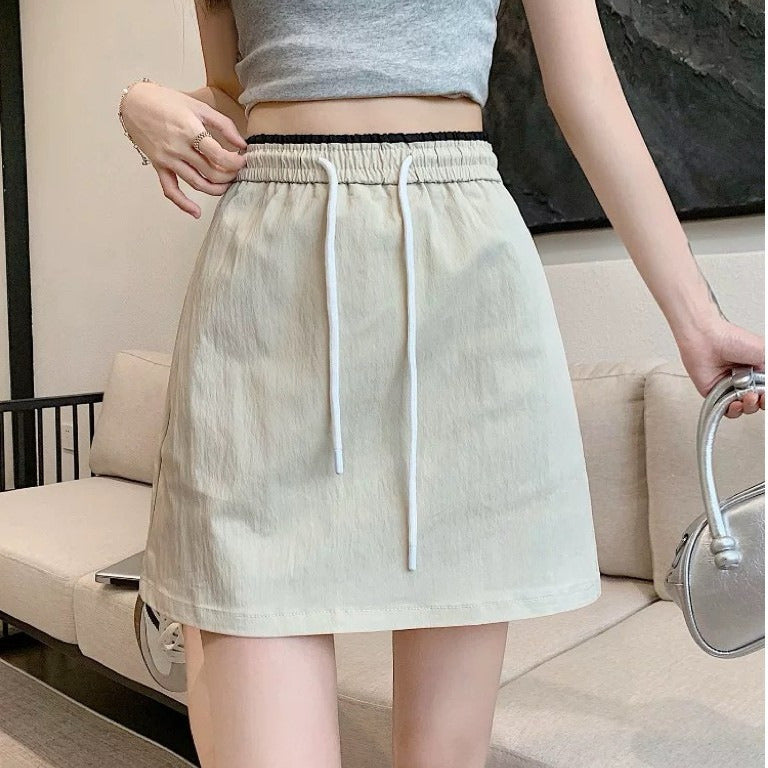 Women's New Fashion Joker Contrast Drawstring High Waist Slim Skirt Anti-exposure Short Skirt Quick-drying Skirt