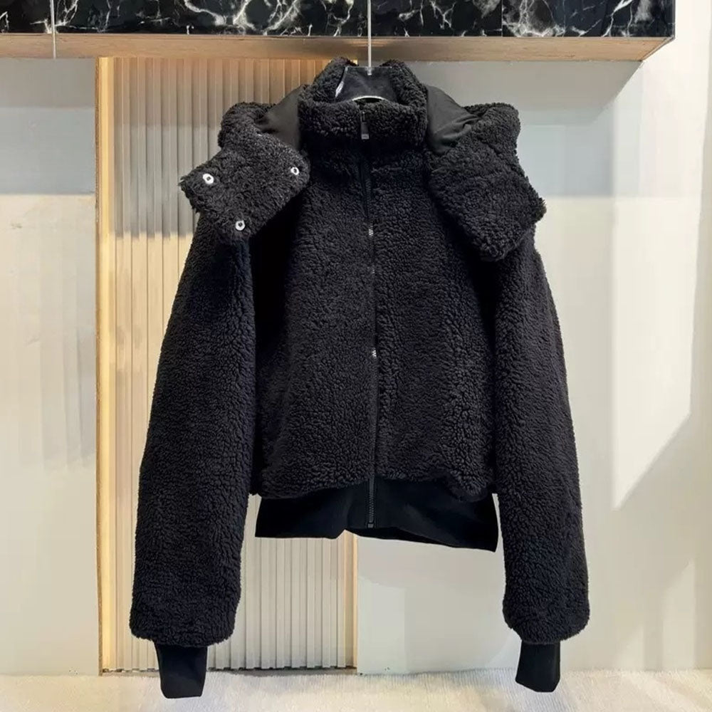 Women's new lambswool hooded short zipper coat