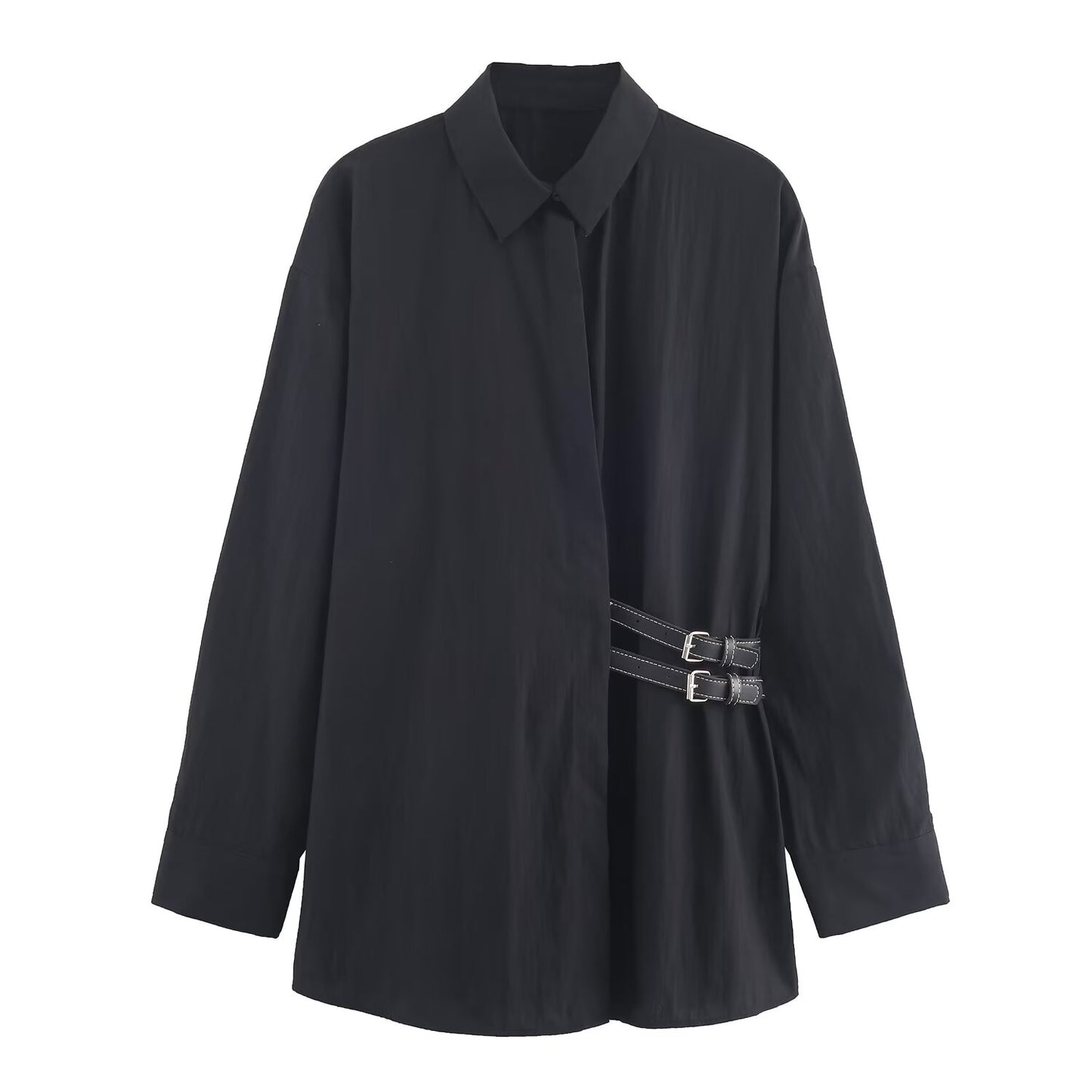 Women's 2025 new belt decoration loose poplin shirt