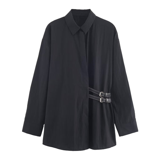 Women's 2025 new belt decoration loose poplin shirt