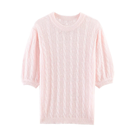 Women's O Neck short sleeved hollow knit sweater