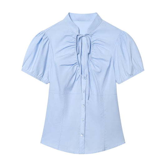 Women's bow decoration pleated poplin top