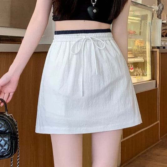 Women's New Fashion Joker Contrast Drawstring High Waist Slim Skirt Anti-exposure Short Skirt Quick-drying Skirt