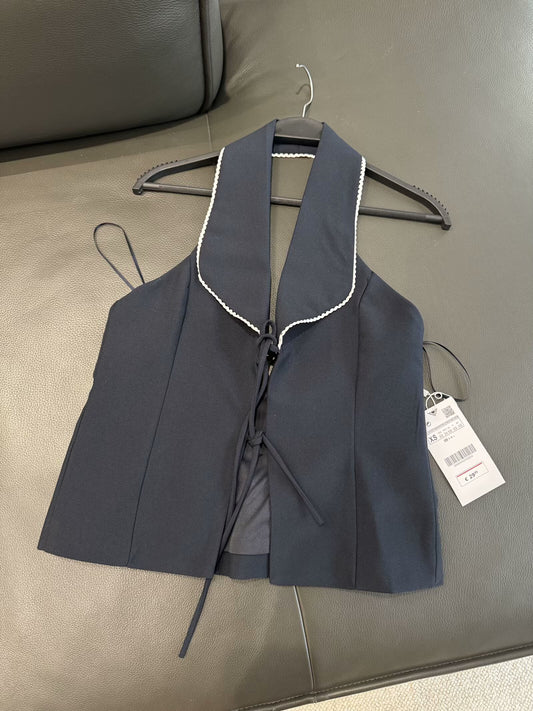 Women's 2025 New Fashion Bow Splicing Hanging Collar Top