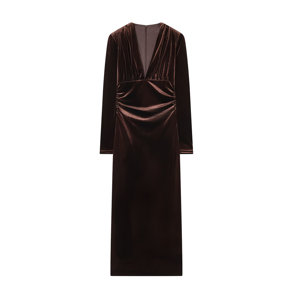Women's slim V-neck velvet Midi dress