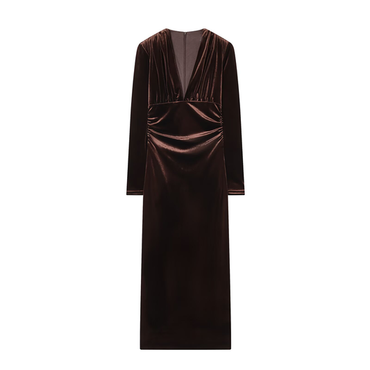 Women's slim V-neck velvet Midi dress