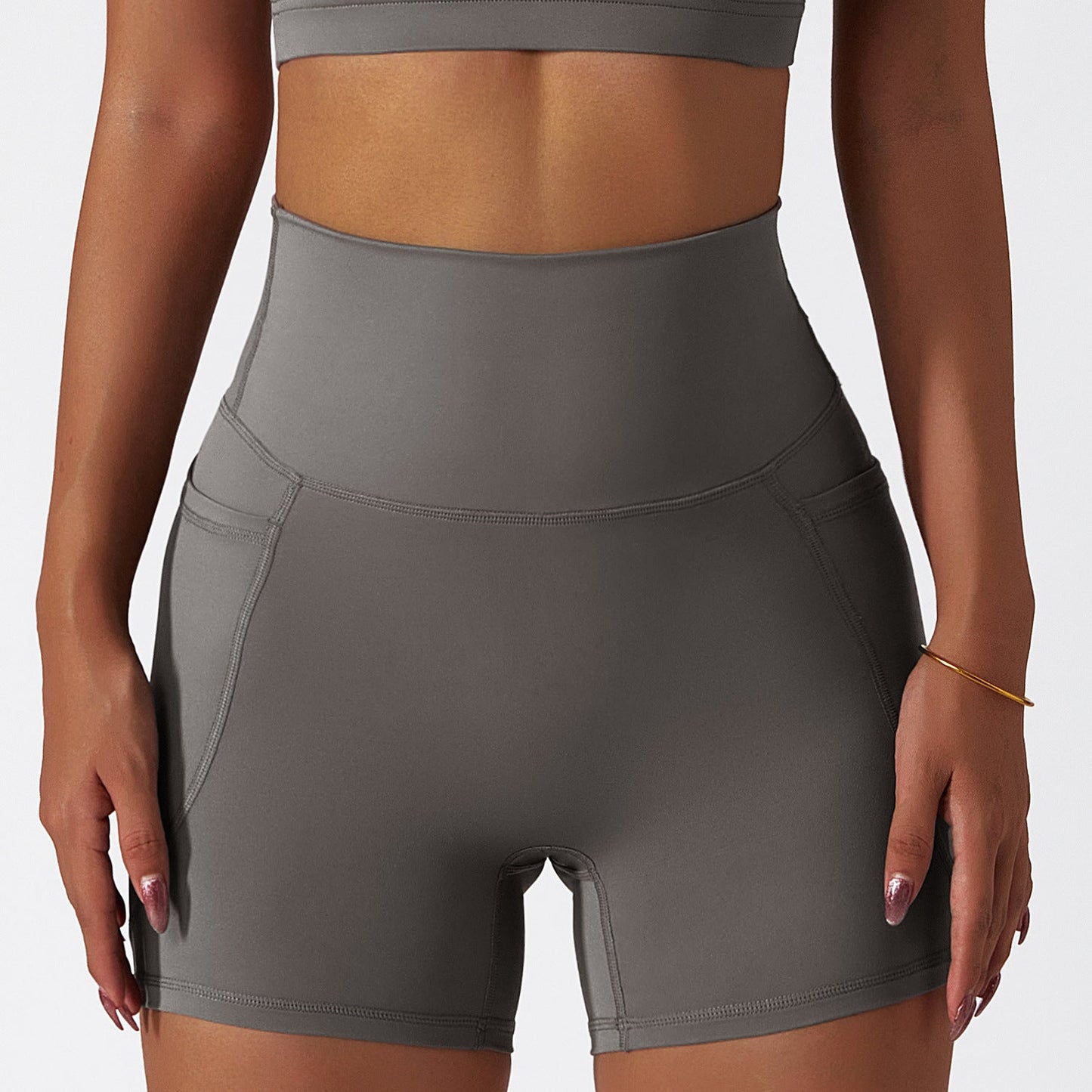 Women's new quick-drying nude sports inclined one-shoulder back yoga bra+pocket breathable fitness shorts