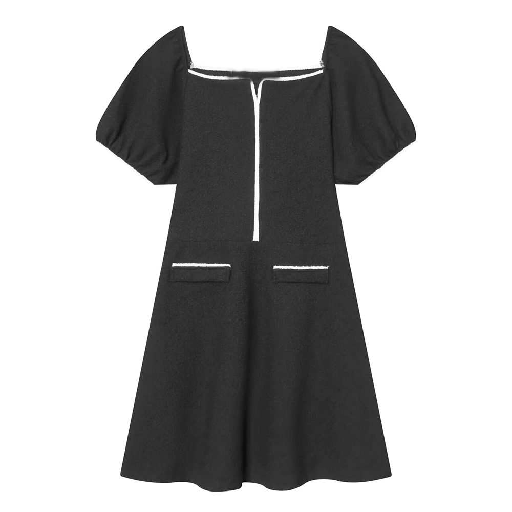 Women's contrasting straight neck bubble sleeve mini dress