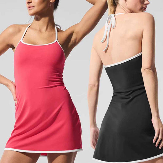 Women's New Fashion Joker Yoga One-piece Color Matching Hanging Neck High Elastic Speed Dry Anti-exposure Fitness Tennis Skirt