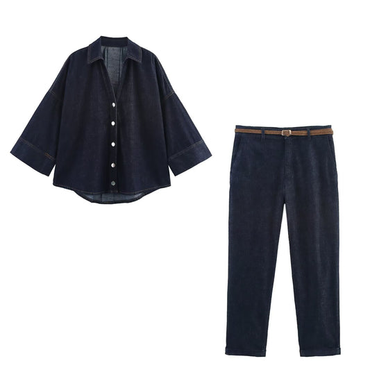 Women's new fashion wide sleeved single breasted denim shirt+Jeans suit