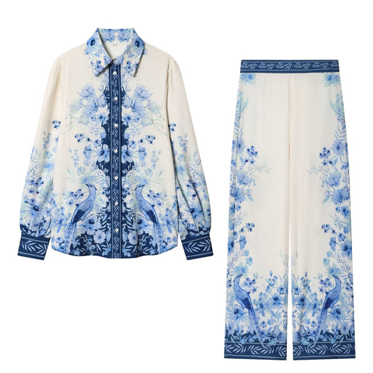 suit Women's 2 pieces loose printed Lapel shirt+Pants